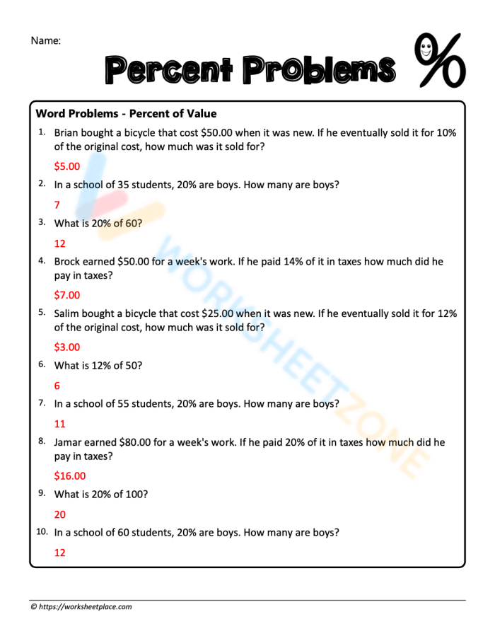 Writing worksheet for Fifth Grade Percentage word problems worksheet for fifth graders focusing on consumer math and real-life applications. Engaging exercises to help children understand percentages in everyday scenarios.