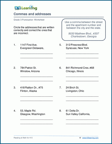 Commas in Dates and Addresses: A Learning Worksheet for Grade 3 Perfect Punctuation worksheet focusing on commas used in dates and addresses for third graders