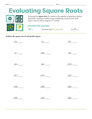 Eighth grade math worksheet showing problems for calculating the square roots of perfect squares
