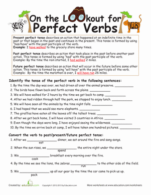 Earth and Space Science worksheet for Fifth Grade Worksheet featuring perfect verb tenses for fifth graders to enhance their grammar skills. Perfect Verb Tense worksheet for mastering the parts of speech in Earth and Space Science.