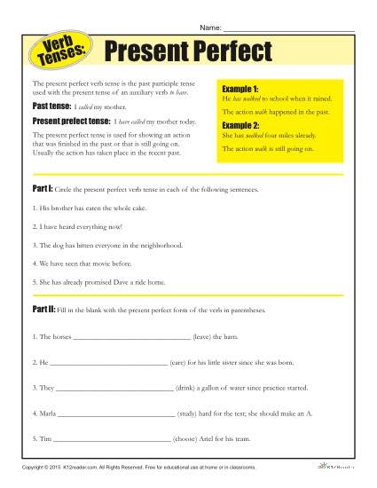 Perfect Verb Tenses Exercise Sheet 14 Fifth grade grammar worksheet focused on practicing perfect verb tenses