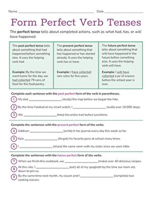Form Perfect Verb Tenses Worksheet for Grade 5 Students Fifth-grade worksheet for practicing perfect verb tenses in sentence completion