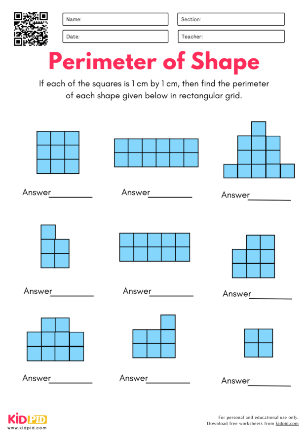 Third grade students practicing perimeter calculations on a geometry worksheet with various polygons