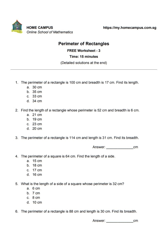 Find the Rectangle's Perimeter worksheet for geometry practice Worksheet featuring perimeter calculations for rectangles designed for fourth graders