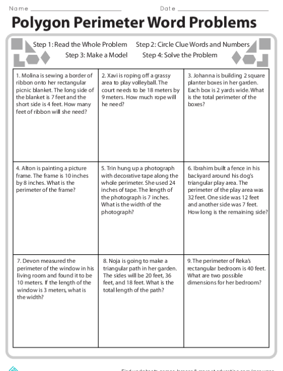 Polygon Perimeter Word Problems worksheet for Fourth Grade