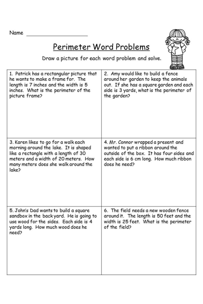 Third grade student worksheet featuring perimeter math word problems about polygons