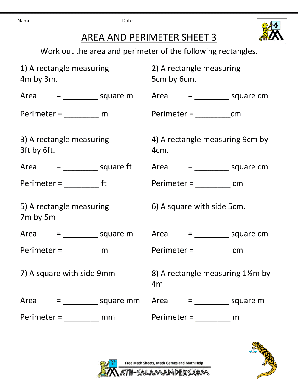 Third grade math worksheet where students calculate the perimeter of various houses to identify the largest one