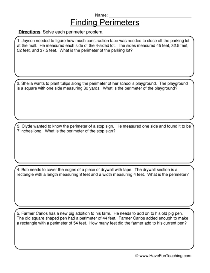 3rd grade math worksheet featuring houses for calculating perimeter