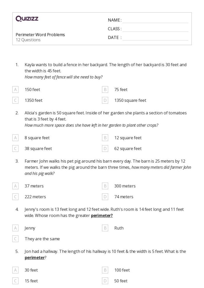 Third grade student practicing geometry with a math worksheet on calculating the perimeter of polygons