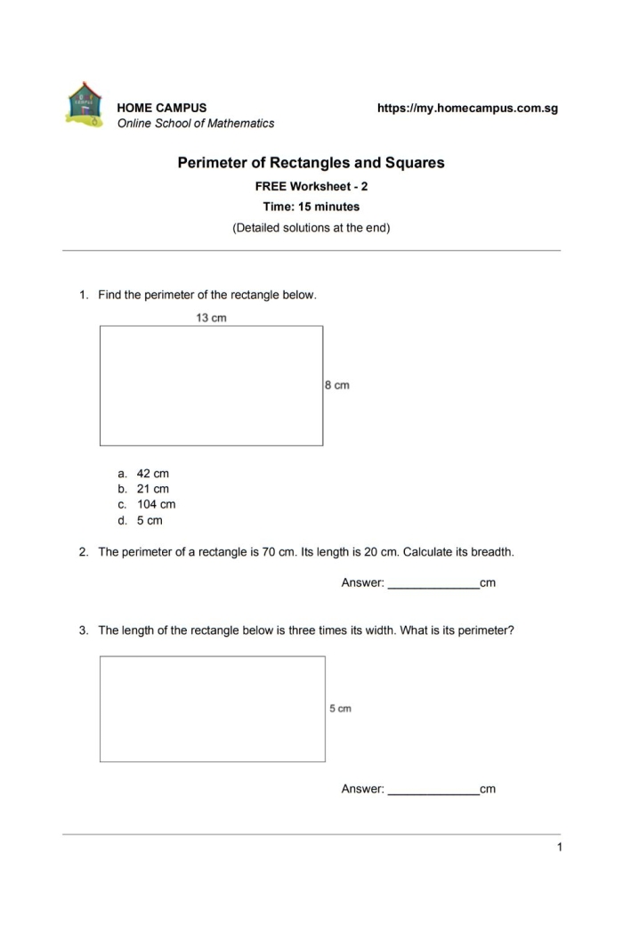 Find the Rectangle's Perimeter worksheet for fourth graders Worksheet for calculating the perimeter of rectangles in geometry