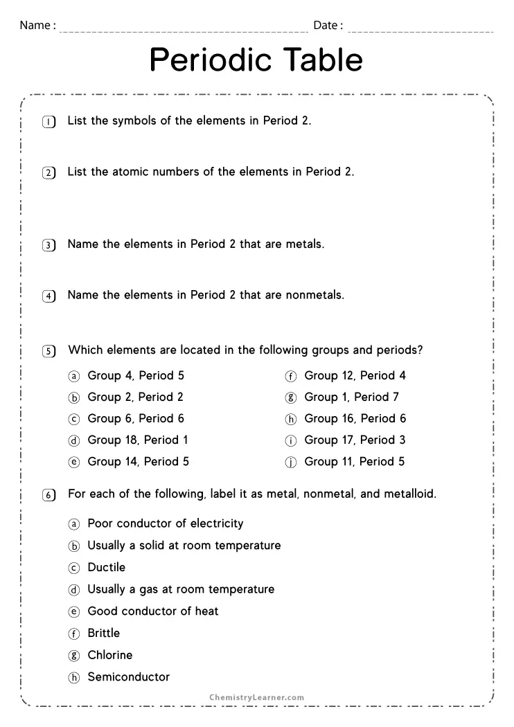Detailed periodic table worksheet featuring essential properties of 103 chemical elements