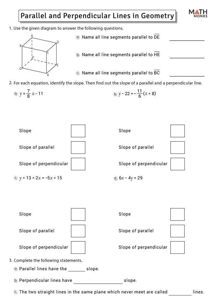 Parallel and Perpendicular Lines Worksheet Activity 7 for Elementary Geometry Learners Two intersecting perpendicular lines forming a right angle with a parallel line example shown alongside for fourth grade geometry practice