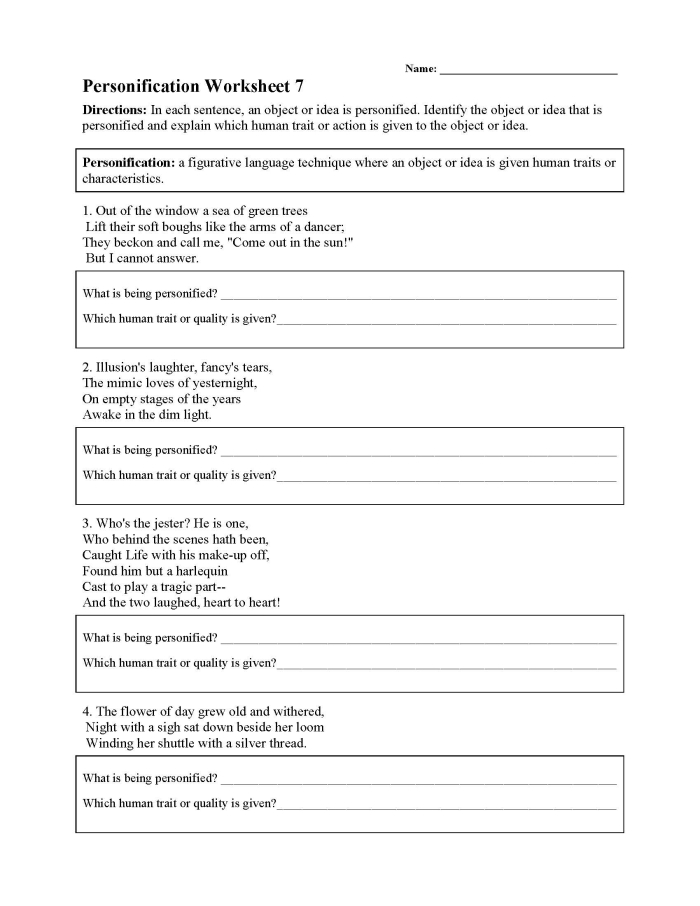 Personification to Enhance Writing Practice Worksheet Three Sixth grade student worksheet focusing on using personification to improve creative writing skills
