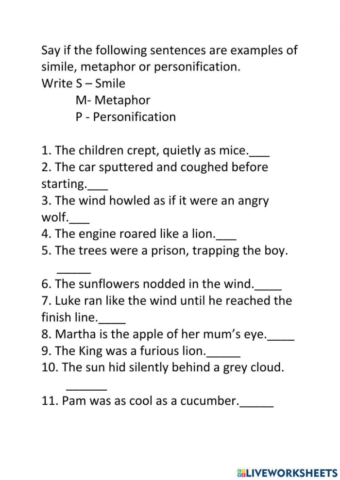 Personification Techniques for Middle School Writers Exercise 9 Sixth grade student worksheet showing personification examples for creative writing practice