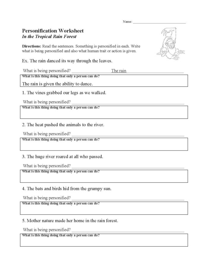 Worksheet illustrating personification examples in an Emily Dickinson poem for sixth graders