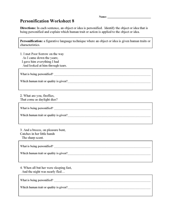 Worksheet featuring examples of personification in an Emily Dickinson poem for sixth graders