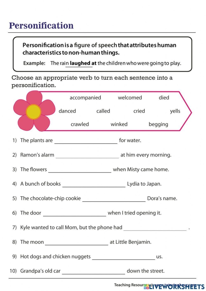 Worksheet featuring examples of personification in Emily Dickinson's poem for sixth graders