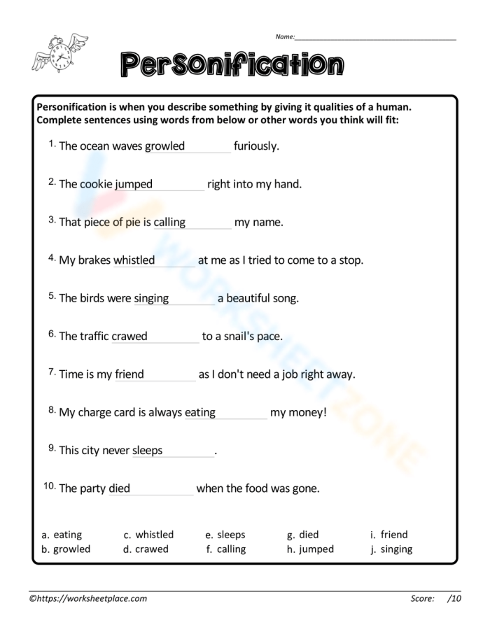 Worksheet featuring examples of personification in Emily Dickinson's poem for sixth graders