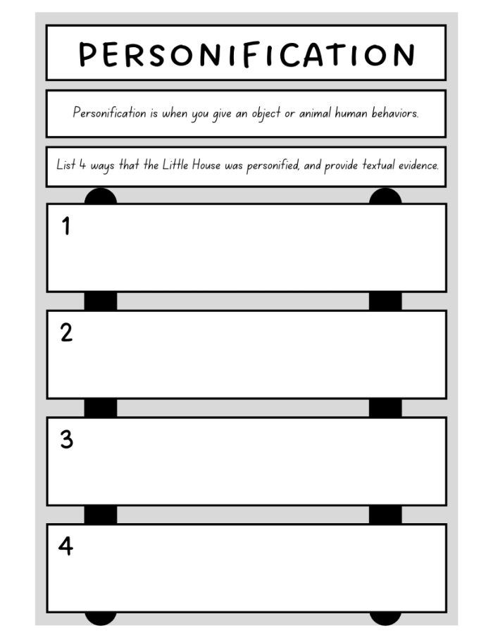 Worksheet illustrating personification examples in Emily Dickinson's poem for sixth graders
