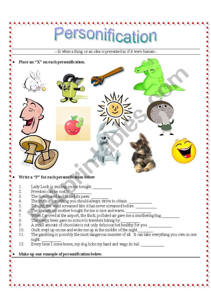 Worksheet featuring personification examples in Emily Dickinson's poem