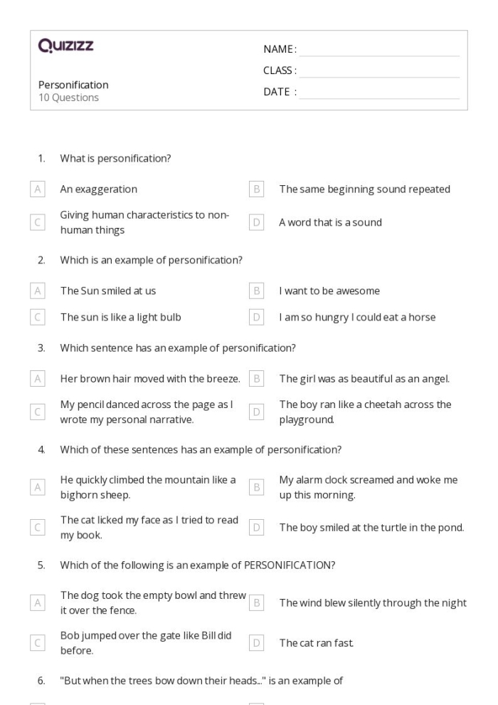 Sixth grade students identifying examples of personification in an Emily Dickinson poem on a grammar worksheet