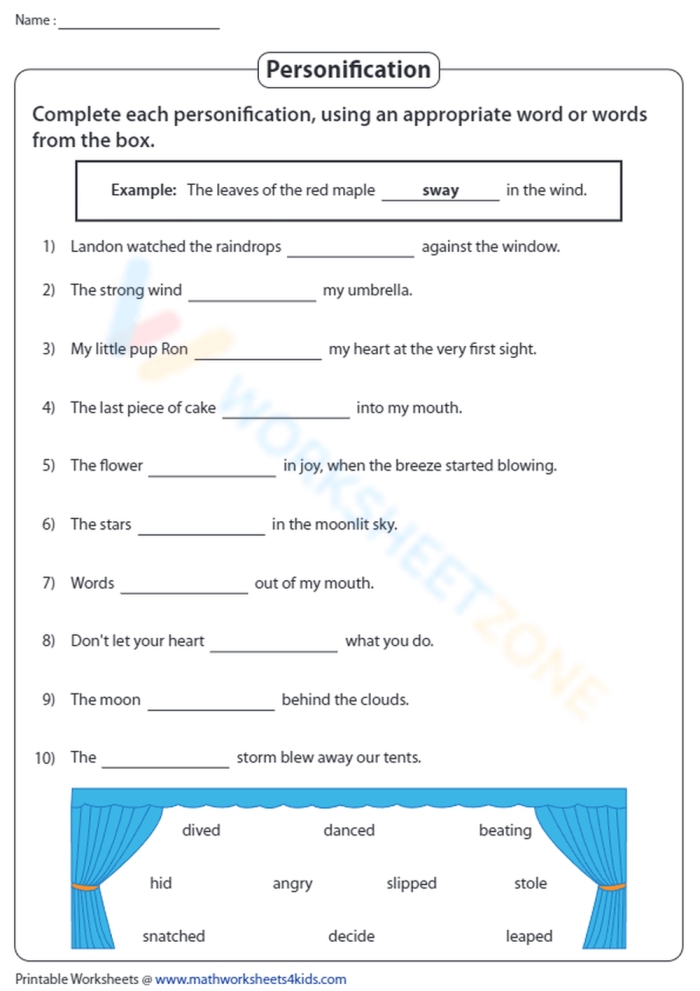 Personification writing exercises for sixth grade language arts 15 A sixth grade student worksheet focusing on using personification to improve descriptive writing skills