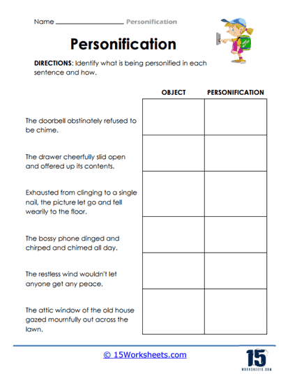 Personification to Enhance Writing Worksheet for Grade 6 Lesson 23 A sixth grade student worksheet focused on practicing personification techniques to improve descriptive writing skills
