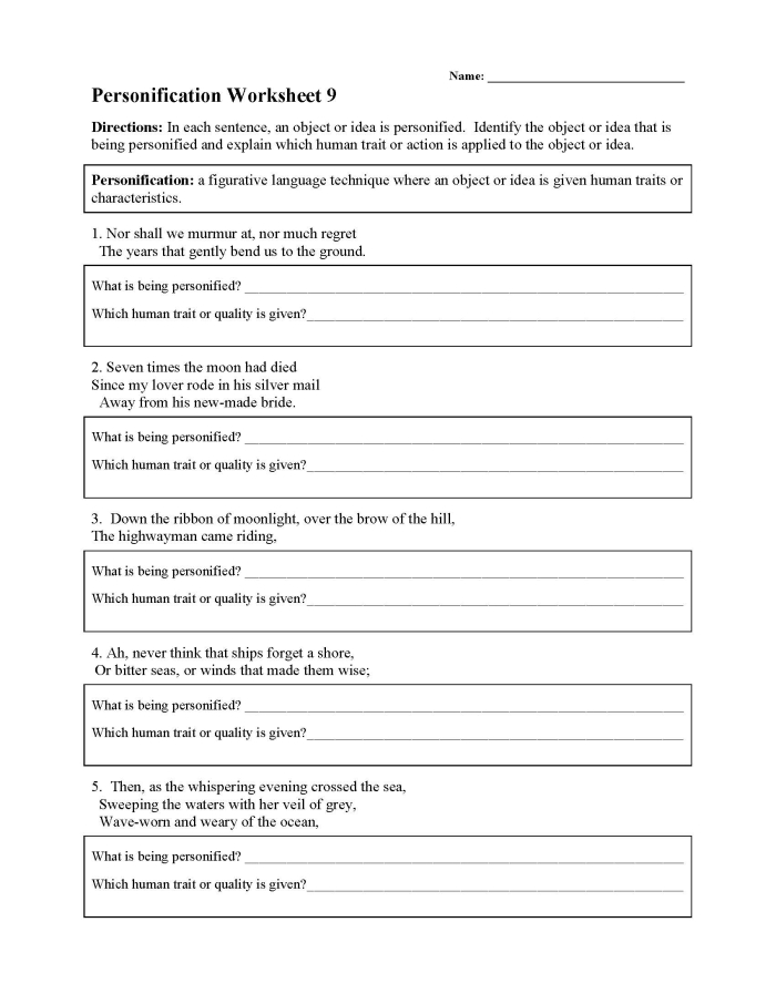 Personification Writing Practice Activity for Middle School Students Sixth grade student worksheet showing personification examples with sentences being rewritten to include descriptive human qualities given to objects and nature