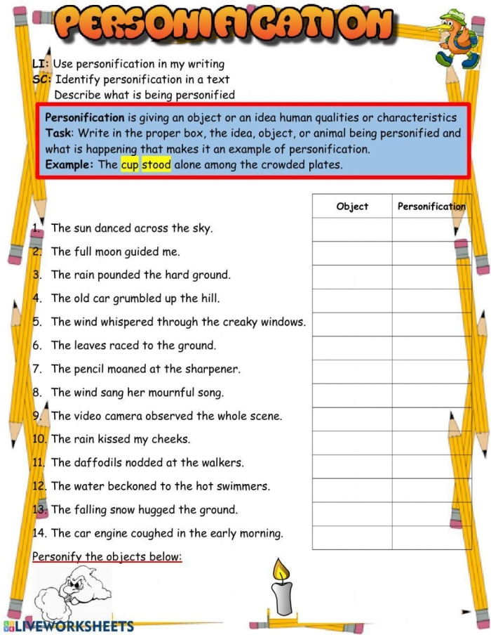 Personification worksheet featuring a poem by Emily Dickinson for sixth graders