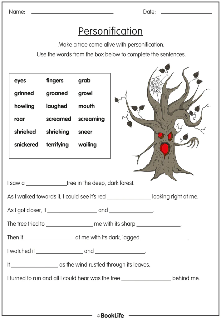 Personification Writing Practice Exercise for Middle School Learners Sixth grade students rewriting sentences with personification techniques to enhance descriptive writing