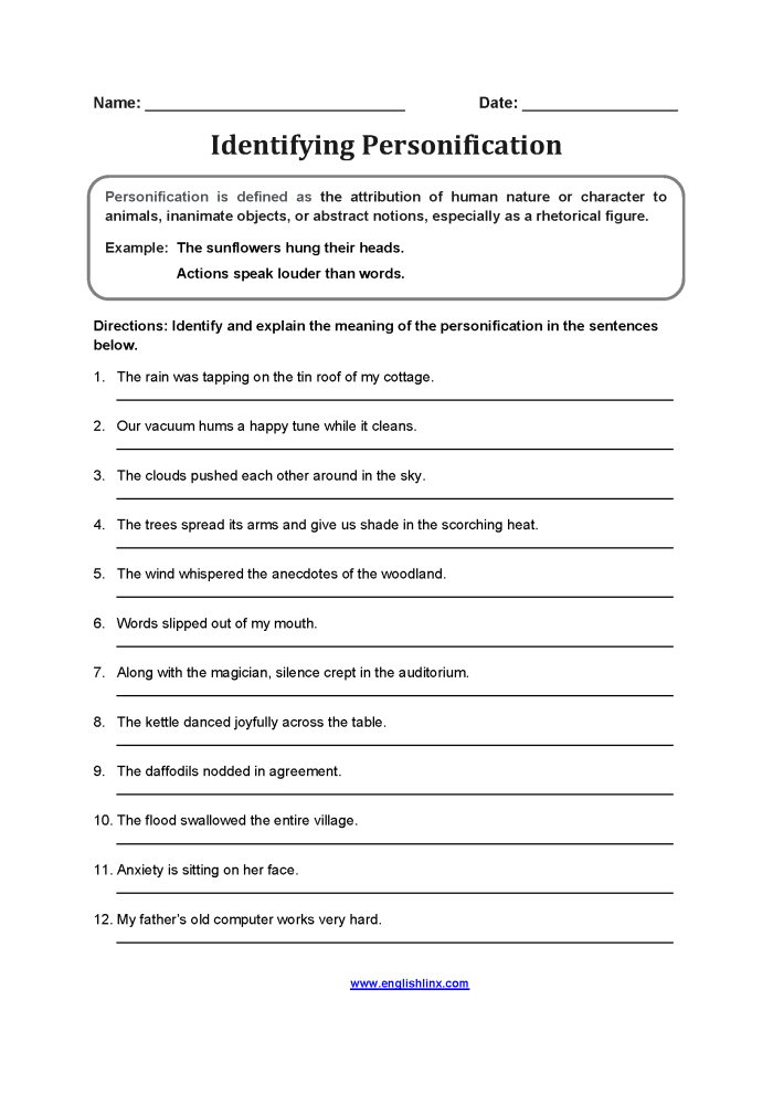 Personification to Enhance Writing Activity Sheet 24 Sixth grade student worksheet featuring exercises on using personification to improve descriptive writing skills