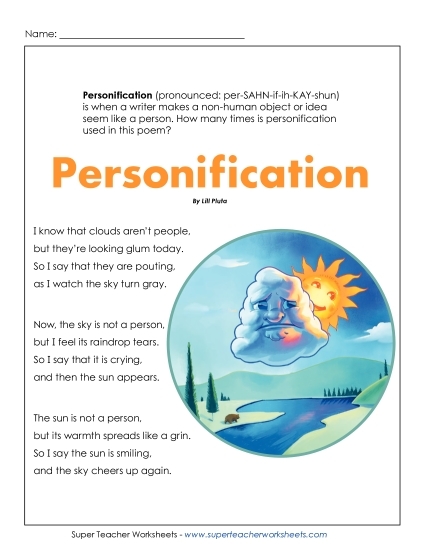 Personification to Enhance Writing Worksheet for Grade 8 Sixth grade student worksheet focusing on using personification to improve creative writing skills