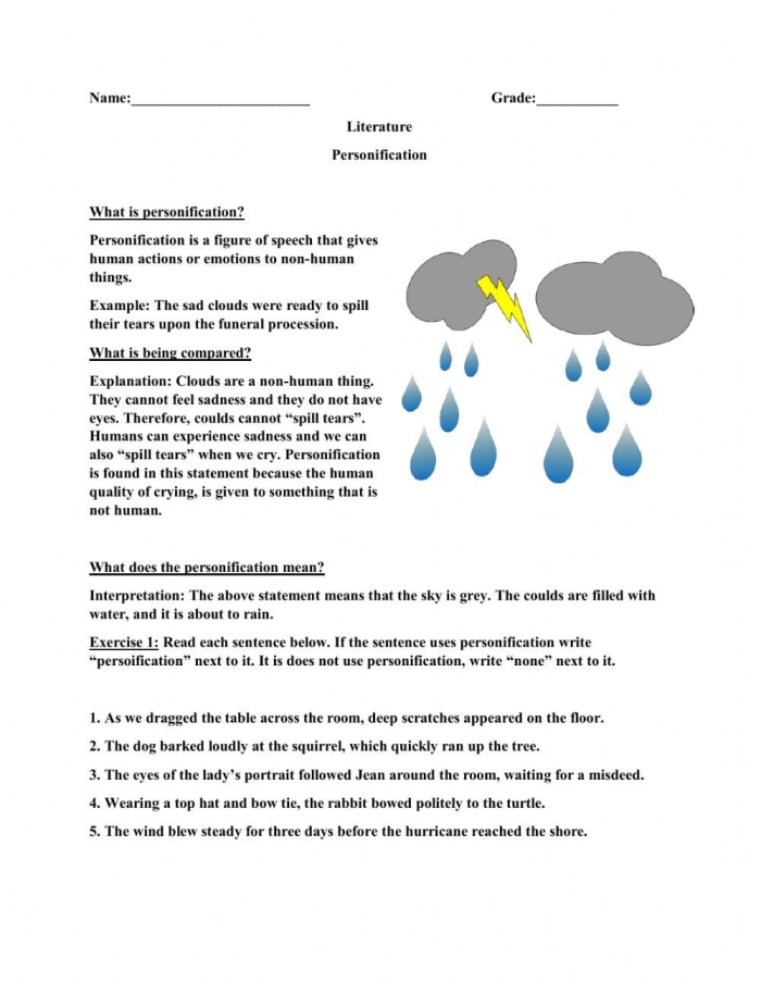 Personification Writing Practice Worksheet for Middle School Students Sixth grade student worksheet showing personification examples with sentences being rewritten to include descriptive human qualities given to objects and nature