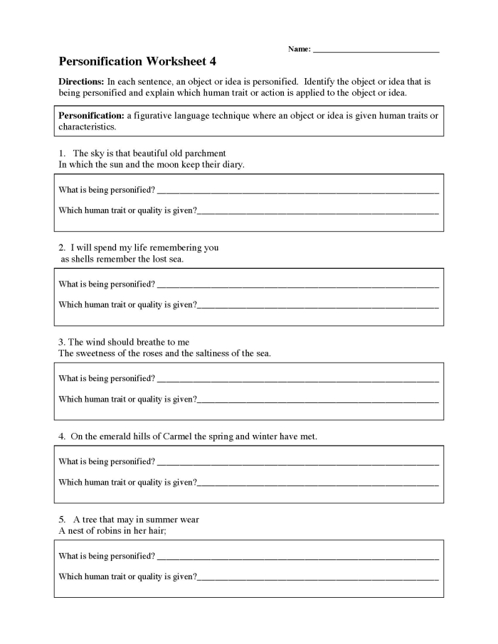 Personification to Enhance Writing Worksheet Number Twelve Sixth grade student worksheet featuring personification exercises to improve descriptive writing skills