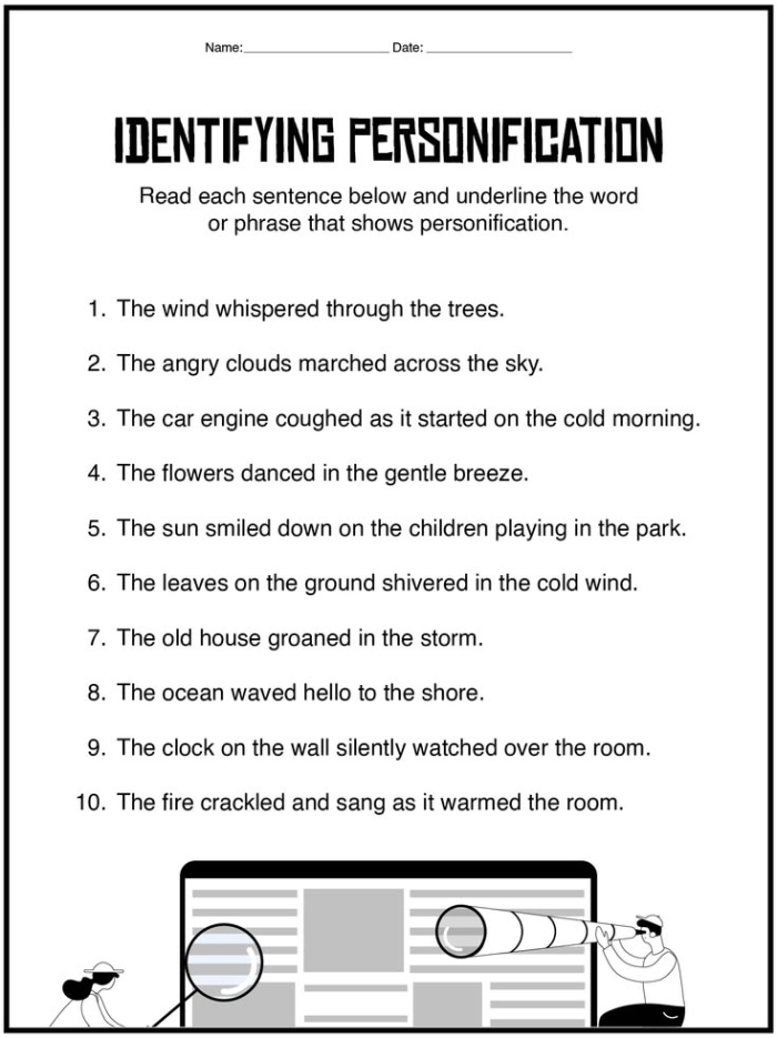 Personification to Enhance Writing Practice Sheet 19 Sixth grade student worksheet featuring exercises on using personification to improve writing quality
