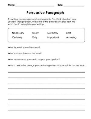 Worksheet for planning a persuasive paragraph for second graders, featuring steps for topic selection and opinion formation. Educational resource image for the Plan a Persuasive Paragraph worksheet designed for grade two.