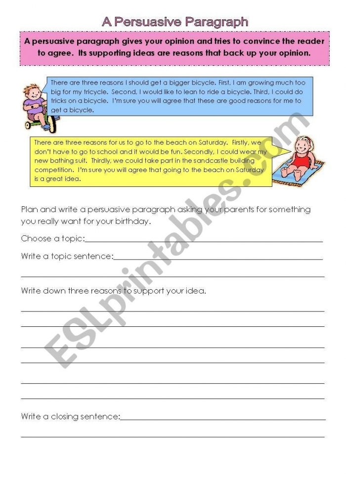Plan a Persuasive Paragraph worksheet for second graders illustrating the writing process