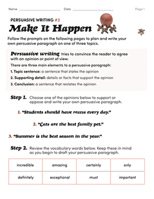 Worksheet for planning a persuasive paragraph for second graders