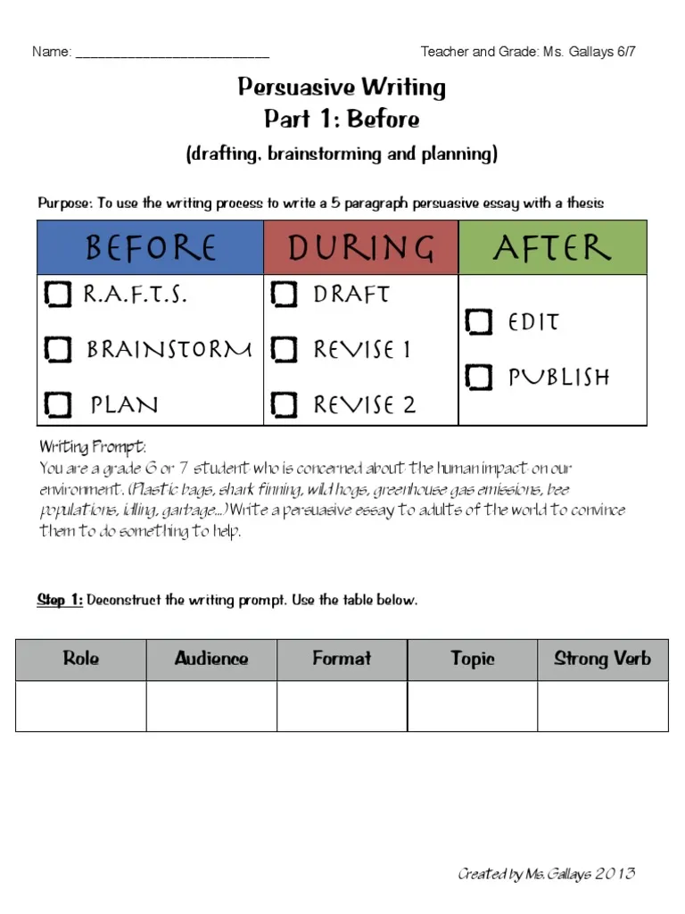Worksheet guiding second graders in planning a persuasive paragraph with step-by-step instructions
