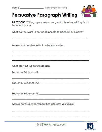 Third grade students practicing persuasive writing with a structured paragraph worksheet