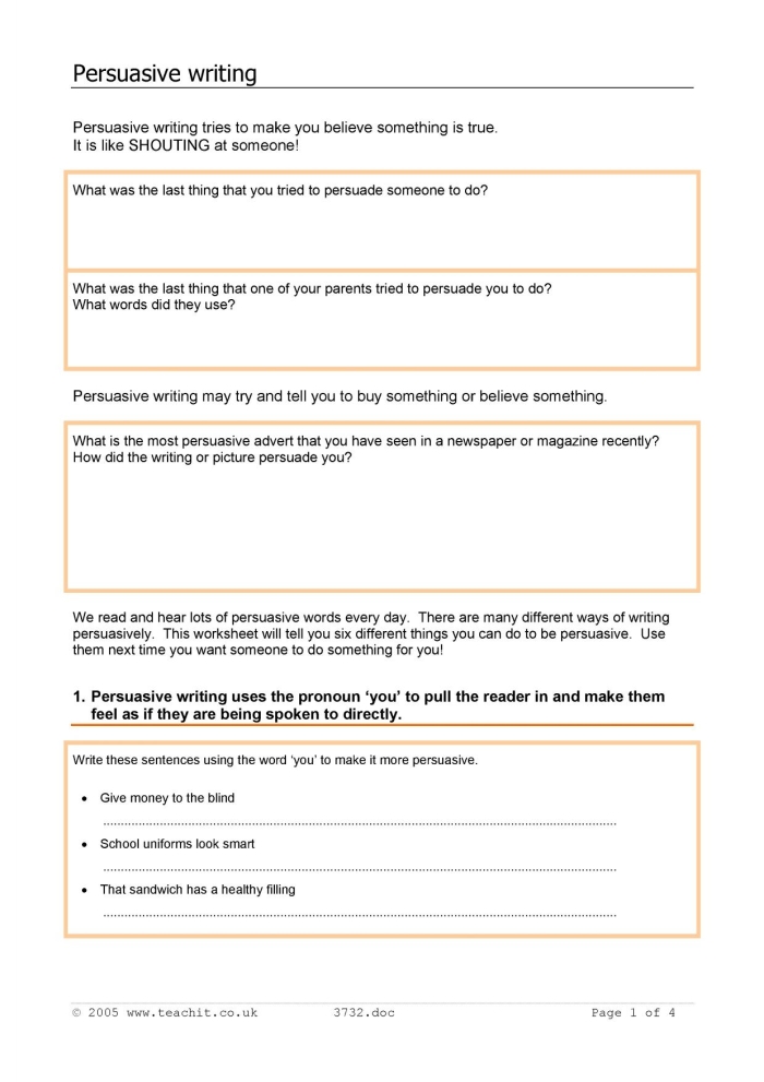 Persuasive Writing Guide worksheet for fourth graders focusing on structured paragraph writing