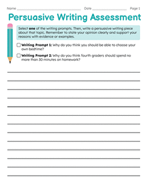 Fourth-grade worksheet for assessing persuasive writing skills and techniques Persuasive writing assessment worksheet for fourth graders to evaluate arguments effectively
