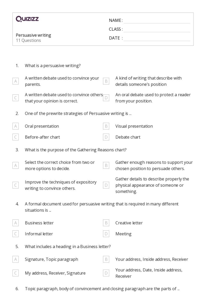 Worksheet image illustrating persuasive writing skills for fourth-grade students Persuasive Writing Assessment worksheet for fourth graders to evaluate their arguments