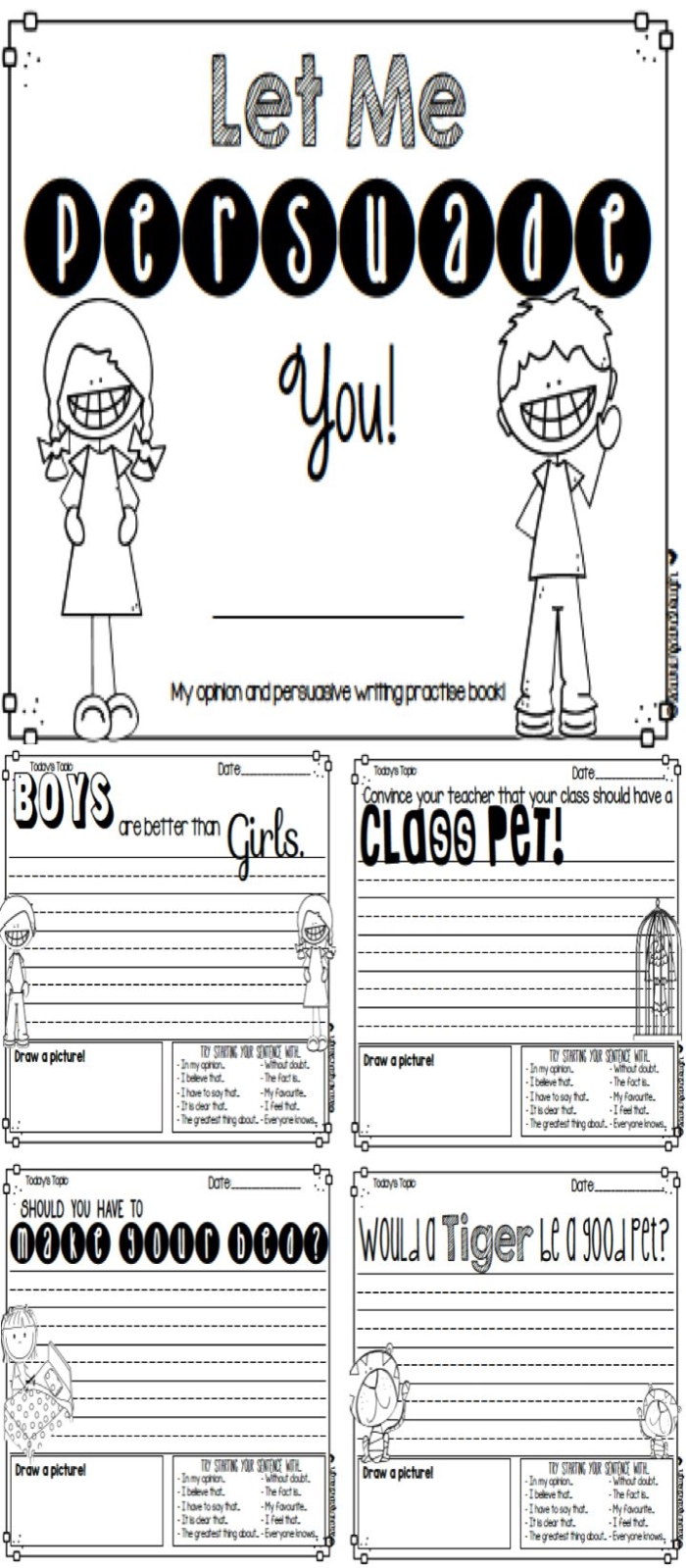A colorful worksheet showing a persuasive writing prompt with fantastical illustrations for fourth grade students to practice composition skills
