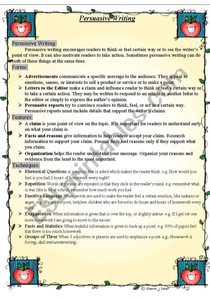 Persuasive Writing Guide worksheet for fourth graders to help structure their paragraphs