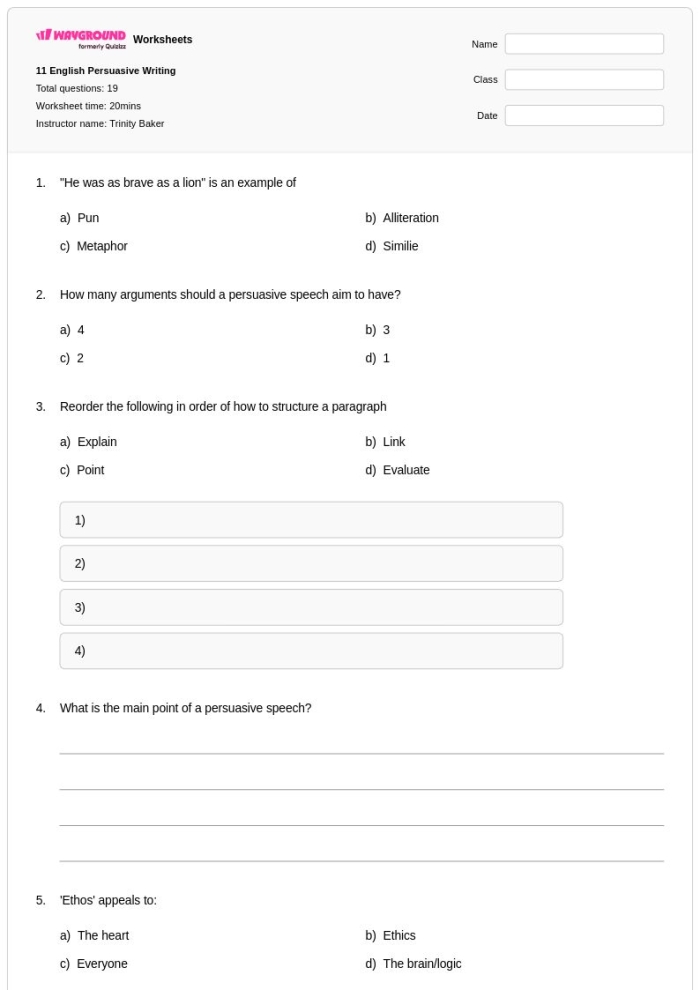 Third grade student completing a persuasive writing worksheet about the impact of social media