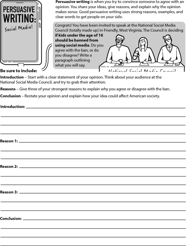Third grade students using a writing prompt worksheet to craft a persuasive paragraph about social media benefits and risks