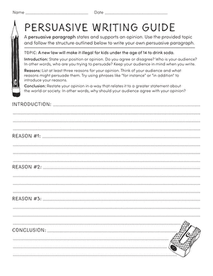 Persuasive Writing Guide worksheet for fourth graders focusing on structured paragraph development