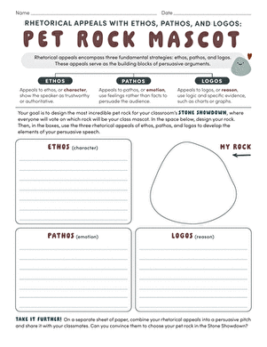 Pet Rock Mascot Rhetorical Appeals Worksheet for Middle School Students A seventh grade student's worksheet showing a colorful decorated pet rock with persuasive text examples using ethos, pathos, and logos appeals for a mascot campaign