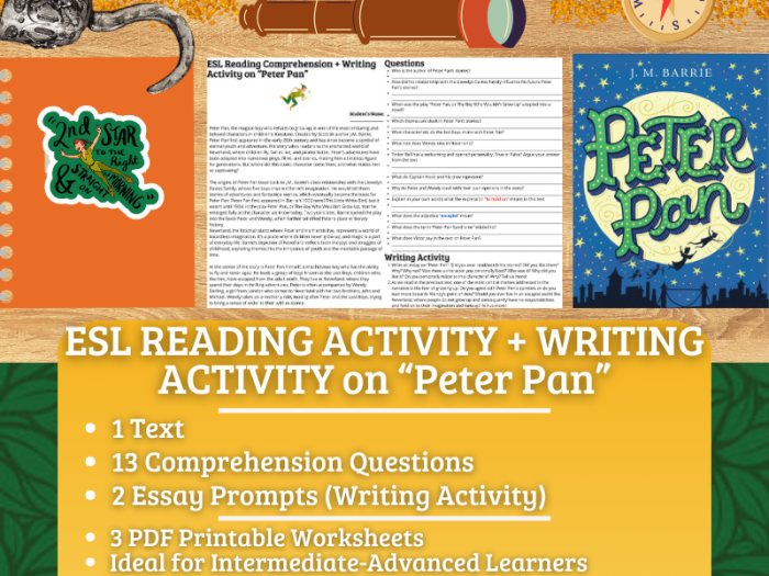 Peter Pan Reading Comprehension Exercise for Fifth Grade Learners Fifth grade students completing a reading comprehension worksheet with questions about Peter Pan from a classic text